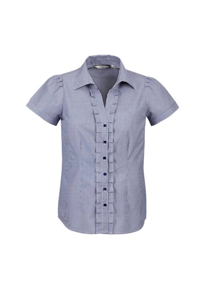 A short sleeve button-up shirt featuring a striped pattern and ruffled front detail. It has a logo on the design.