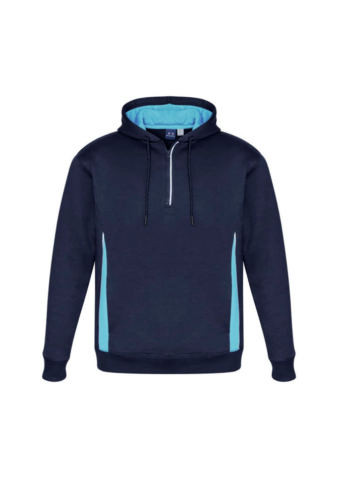 Unisex navy hoodie with light blue side panels and a zippered collar. Features a drawstring and a logo.