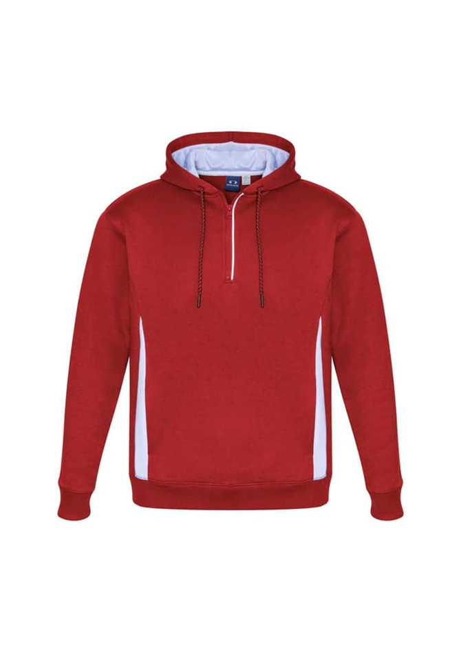 A unisex hoodie in burgundy with white side panels and a front zipper. It features a hood and a branded logo.