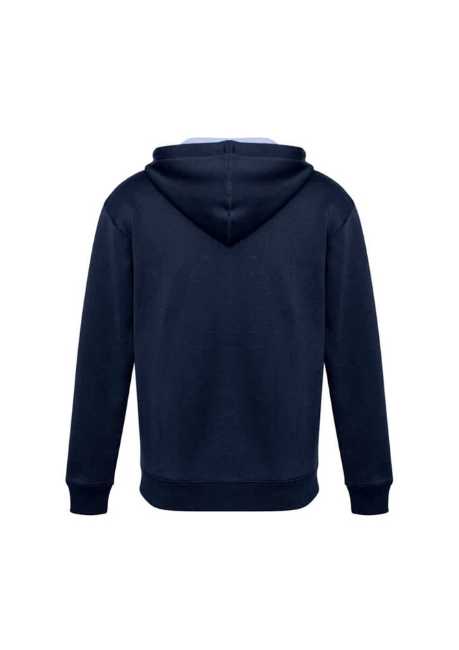 A navy blue hoodie with a hood and long sleeves, featuring a logo on the back.