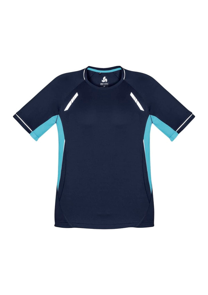 A navy blue short sleeve tee with light blue accents and reflective detailing. It features a branding logo.