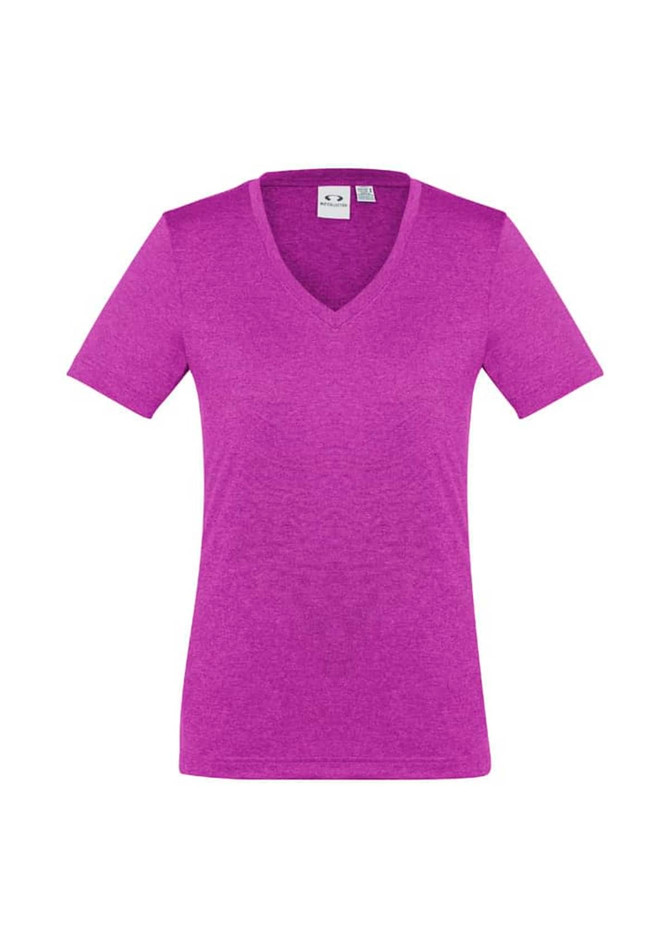 A purple women's short sleeve tee with a V-neck design and a logo on the label.