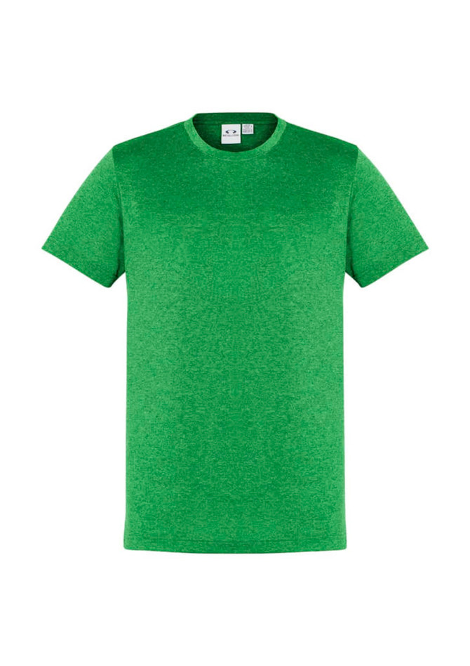 A green short sleeve tee with a round neckline and a logo at the collar.