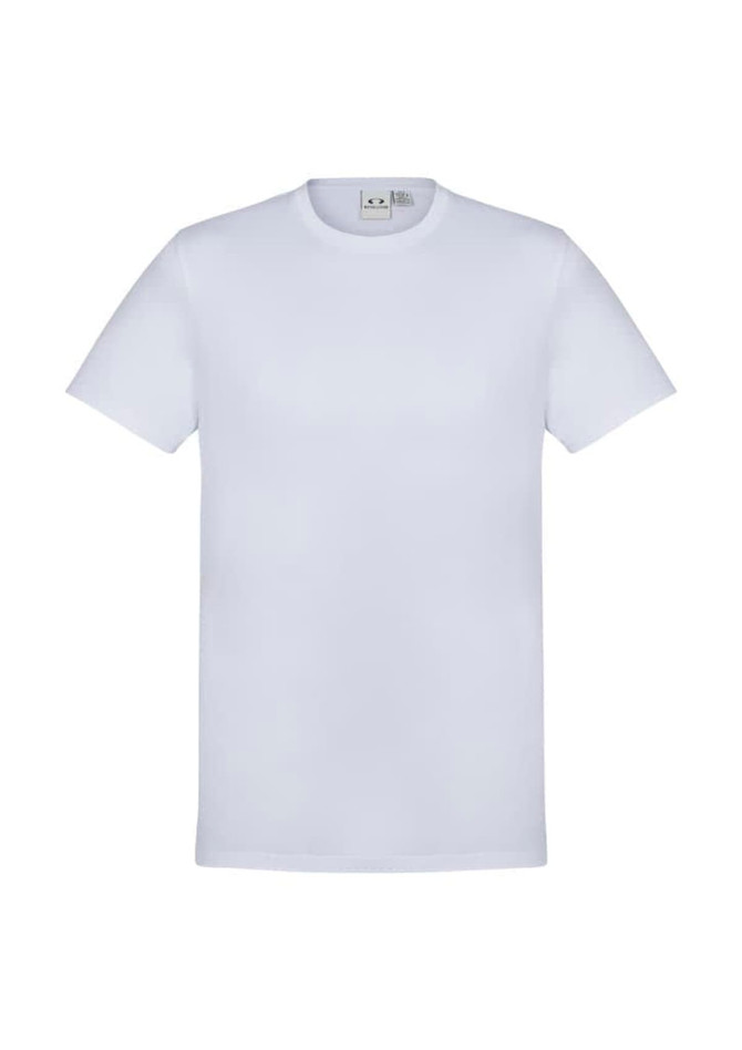 A white short sleeve tee shirt featuring a collar and a brand logo.
