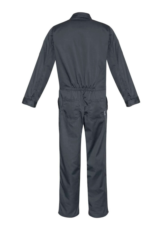 A grey men's service overall featuring long sleeves and an elastic waist, with pockets and branding visible.