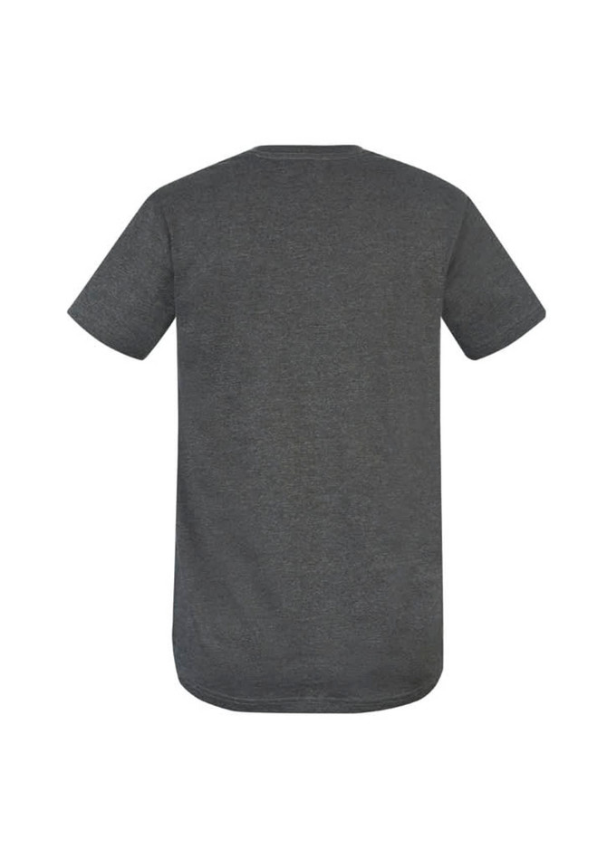 A grey men's T-shirt with short sleeves and a rounded hem, featuring a branding logo.