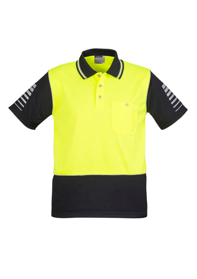 A short sleeve polo shirt in hi-vis yellow with black detailing and reflective stripes. It features a pocket and logo.