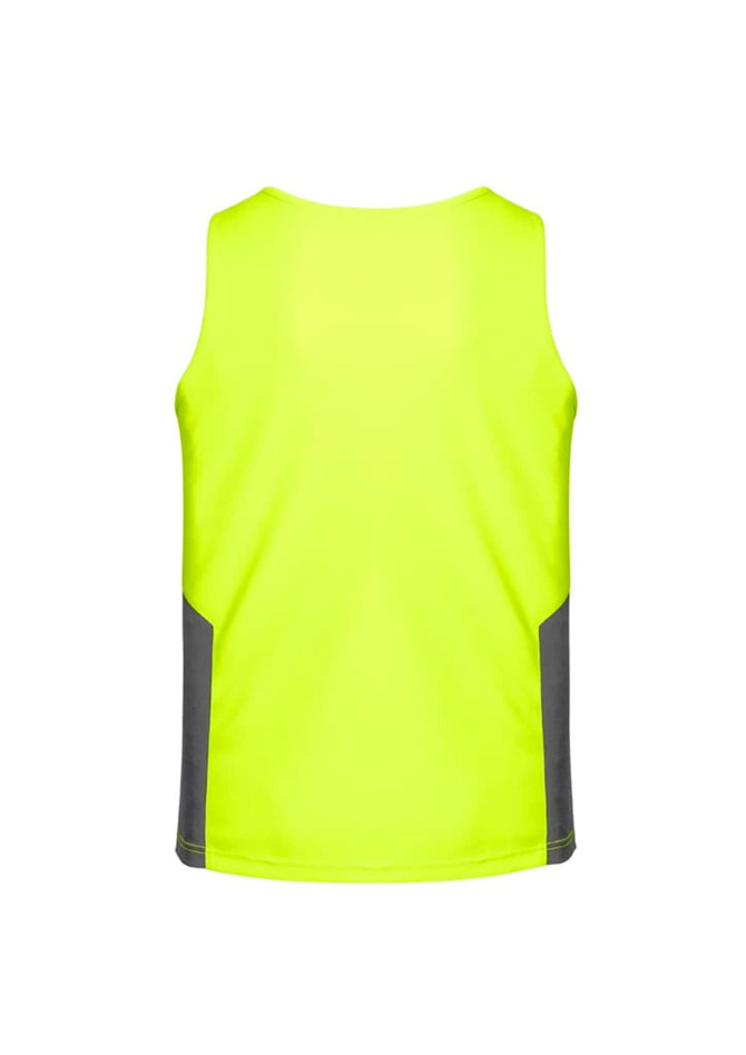 A bright yellow men's hi-vis singlet with grey side panels and a logo. Suitable for workwear.