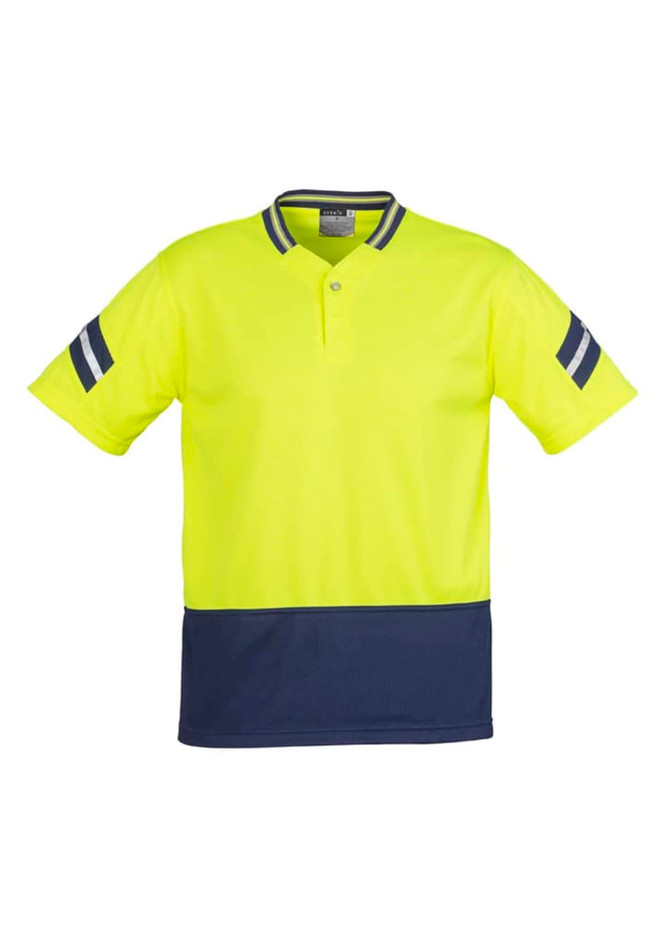 A high-visibility yellow short sleeve polo shirt with navy accents and stripes. It features a logo on the chest.