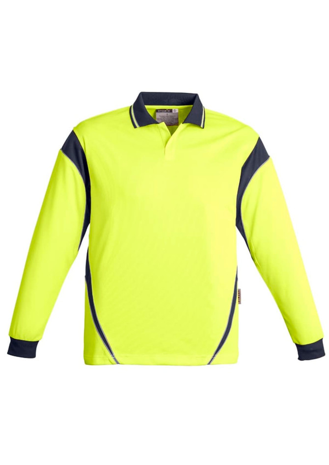 A long sleeve polo shirt in high visibility yellow with navy blue accents and a logo on the chest.