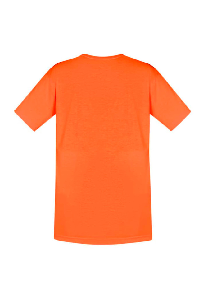 An orange hi-vis work t-shirt featuring short sleeves and a plain back. It includes branding elements.
