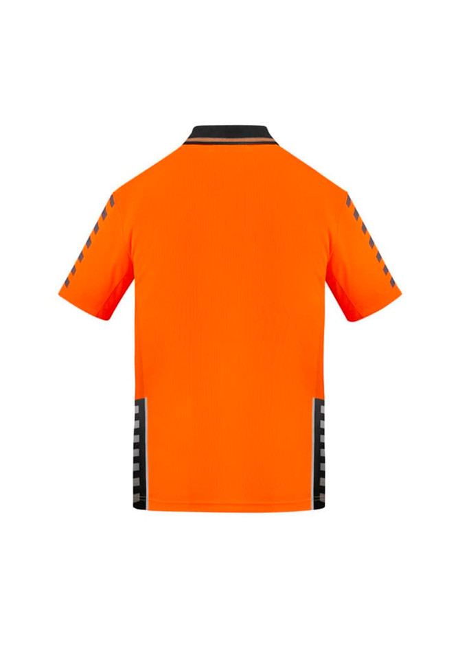 An orange short sleeve polo shirt featuring black accents and a logo on the front.