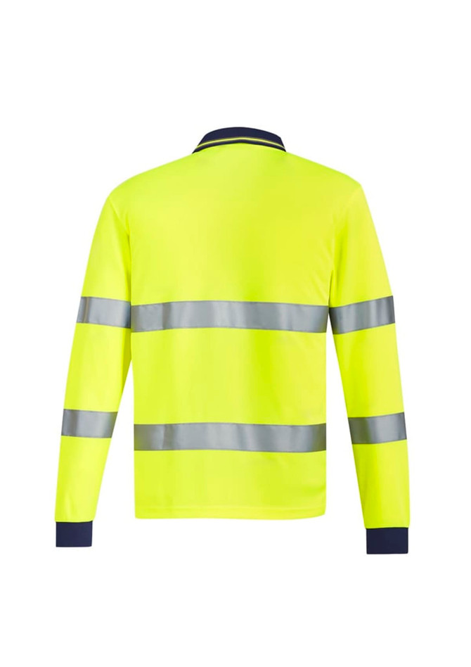 A bright yellow unisex polo shirt with silver reflective tape, featuring long sleeves and a navy collar.