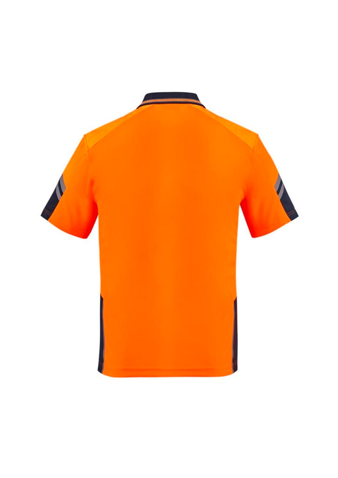 An orange polo shirt with short sleeves and reinforced details, featuring black accents and a logo.