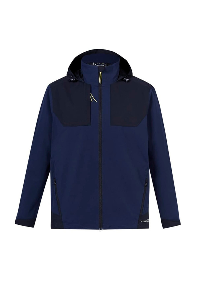 A unisex navy waterproof jacket featuring a hood, zip pockets, and a logo on the front.