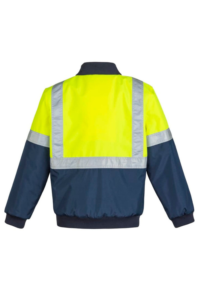 A high-visibility quilted flying jacket in yellow and navy, featuring reflective stripes, with a logo present.