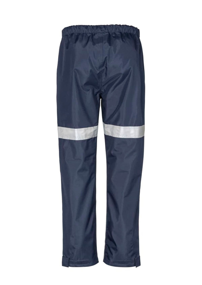 Hi-vis taped storm pants in navy, featuring reflective stripes and an elastic waistband. Includes branding.