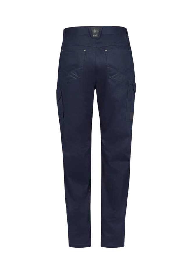 Navy men's summer cargo pants featuring side pockets and a logo on the waistband.