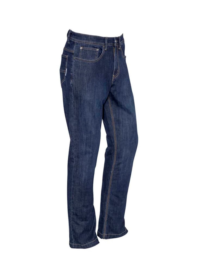 Men’s stretch denim work jeans in a dark blue hue, featuring a classic five-pocket design and a small logo.