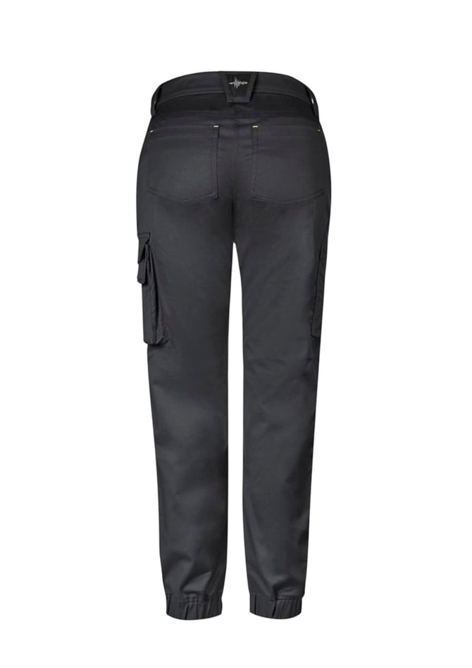 A pair of women's work pants in black with a fitted waistband and cargo pockets. Features branding on the back.