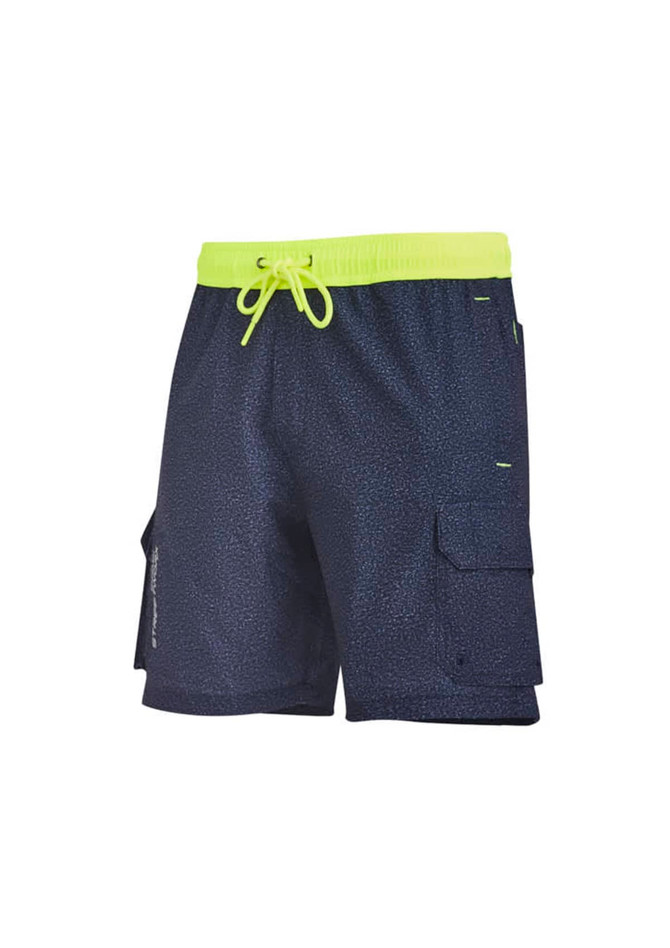 Mens Streetworx board shorts in navy with a neon yellow drawstring and side cargo pockets. Features a logo.