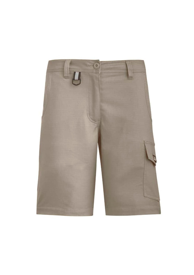 A pair of women's rugged cooling vented shorts in khaki, featuring a side cargo pocket and a logo.