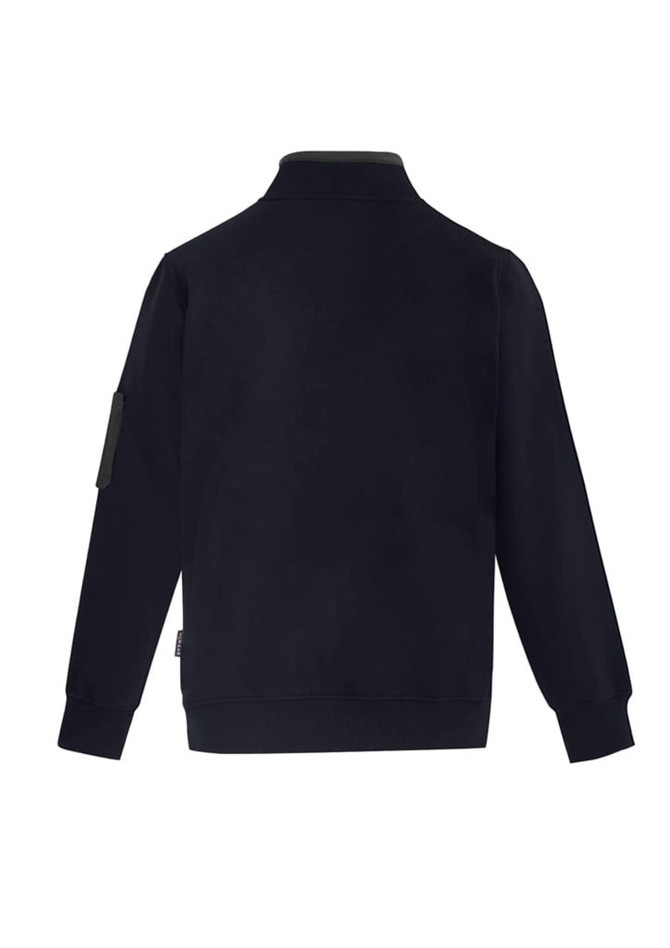 A unisex black 1/4 zip brushed fleece pullover featuring a grey collar and a logo on the sleeve.