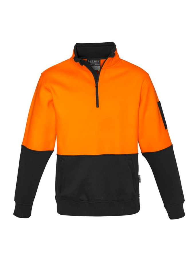 A unisex half-zip pullover in bright orange and black, featuring a logo on the sleeve.