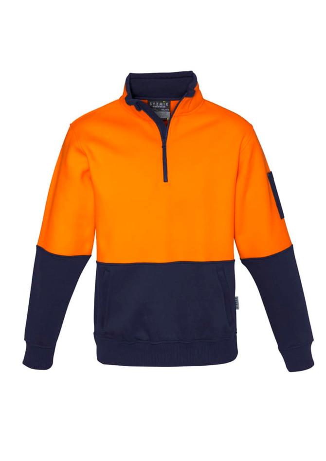 A unisex hi-vis pullover in bright orange and navy blue, featuring a half zip and a sleeve pocket.