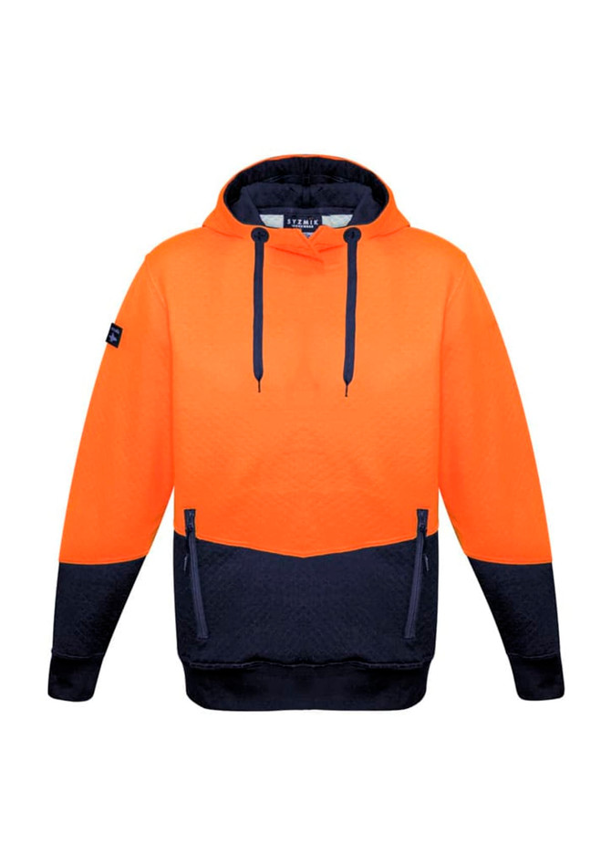 A unisex hi-vis textured jacquard hoodie in bright orange and navy, featuring a logo and a kangaroo pocket.