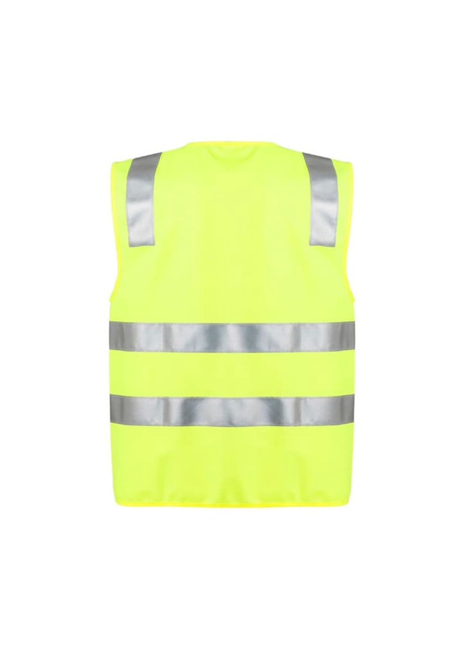A unisex hi-vis vest in bright yellow with reflective silver stripes. Features a logo on the back.