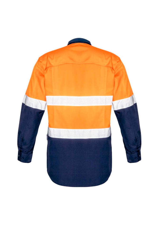 A long sleeve work shirt in orange and navy blue with hi-vis reflective tape and a logo on the back.