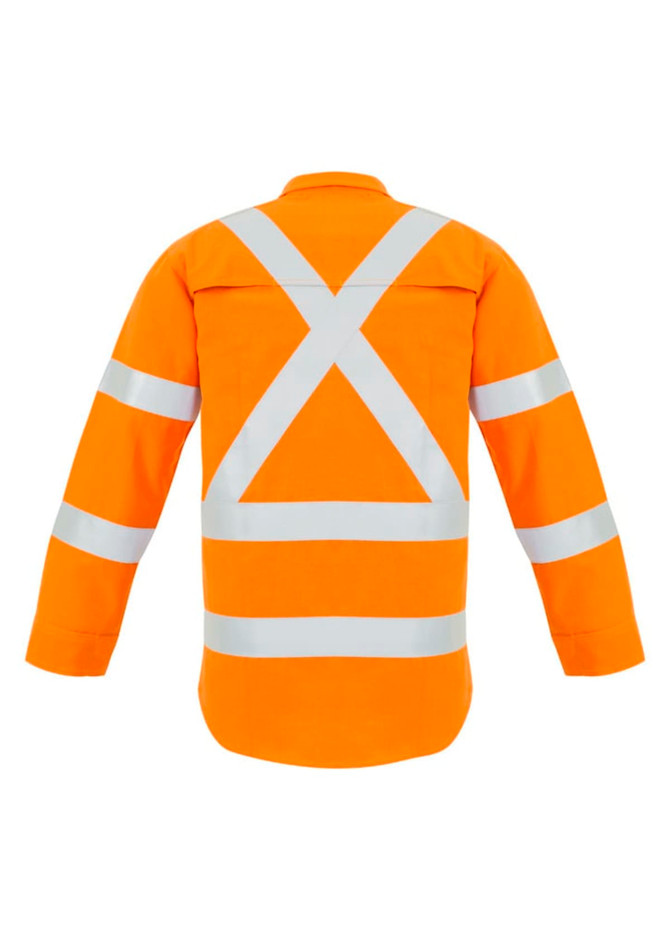 A hi-vis orange shirt featuring reflective stripes in an X-back design, designed for workwear.