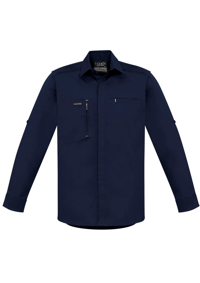 A navy long-sleeve work shirt with a button-up front and a chest pocket. Features a logo on the label.