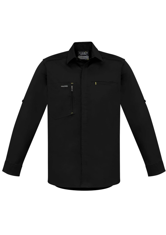 A black long-sleeved men's shirt featuring a pocket and a logo. Suitable for workwear and outdoor activities.
