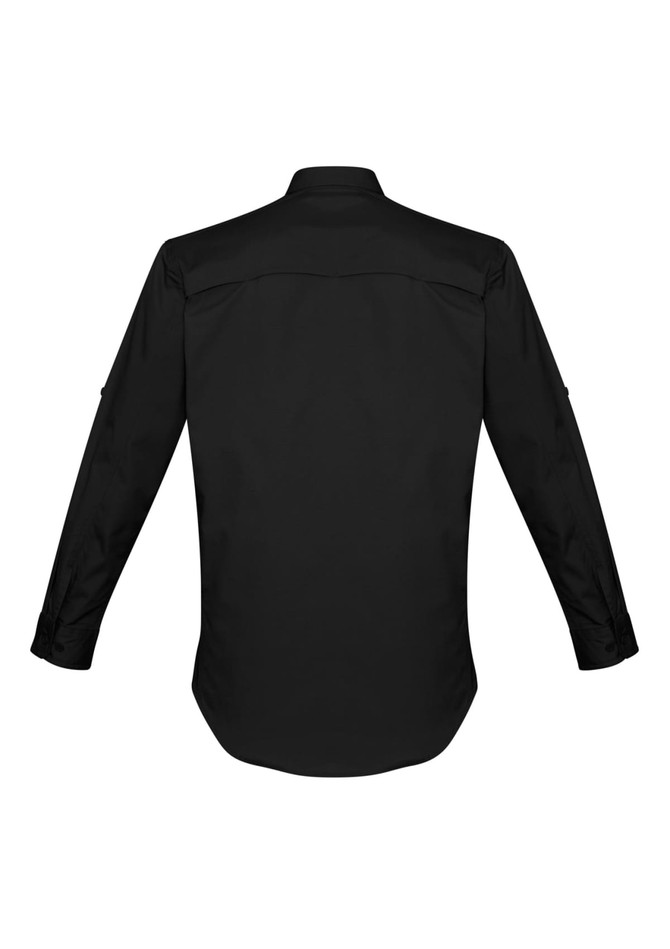 A black long sleeve button-up shirt with a smooth fabric and a logo on the back.