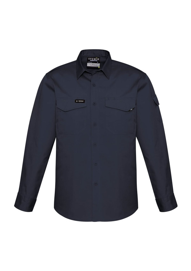 A navy long sleeve button-up shirt featuring two chest pockets and a logo. Suitable for rugged wear.