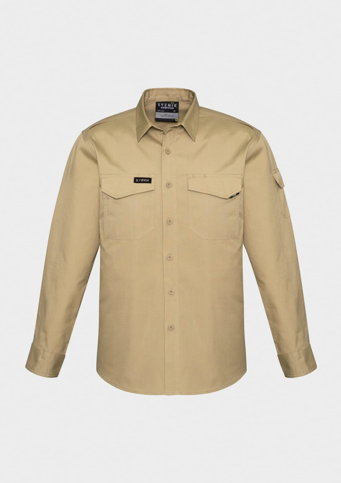 A beige long sleeve button-up shirt with two front pockets and a logo on the chest.