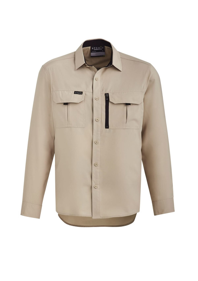 A beige long sleeve button-up shirt with two chest pockets and a zippered pocket, featuring a logo.