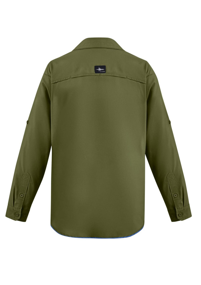 An olive green men's outdoor long sleeve shirt with a button-up front and a logo on the back.