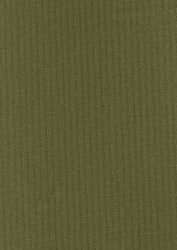 A khaki long sleeve button-up shirt with a textured fabric. The shirt features a logo on the chest.