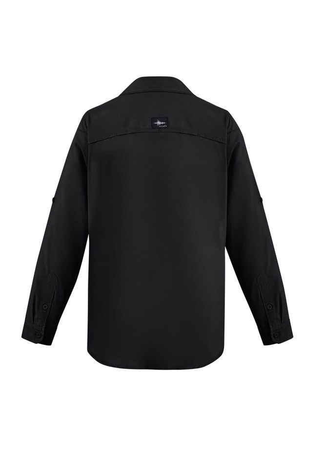 A black long sleeve button-up shirt featuring a back yoke and logo, designed for outdoor use.