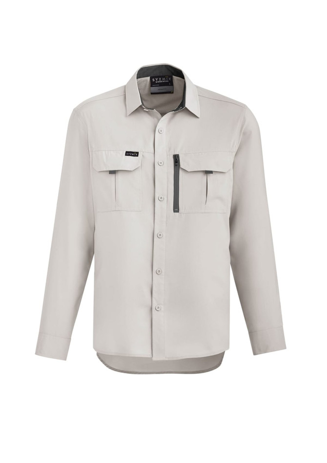 A light grey long sleeve button-up shirt featuring two front pockets and a zip pocket, with a logo on the chest.