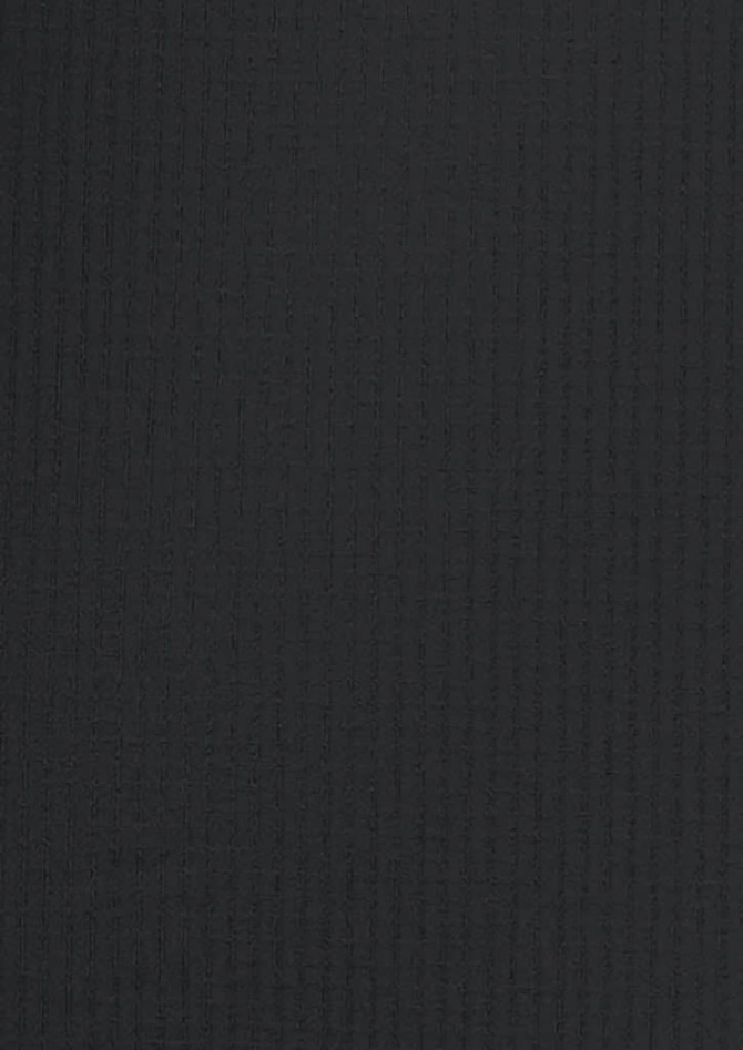A black button-up shirt with a textured pattern, featuring a logo on the chest.