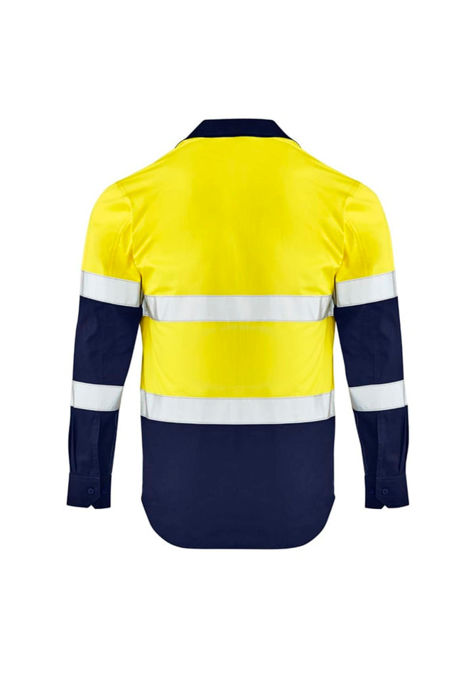 A lightweight long sleeve work shirt in yellow and navy, featuring reflective stripes and a logo.