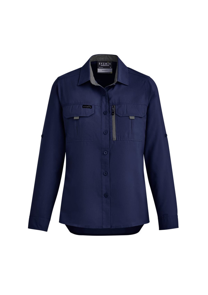 A navy long sleeve button-up shirt for women featuring pockets and a logo.