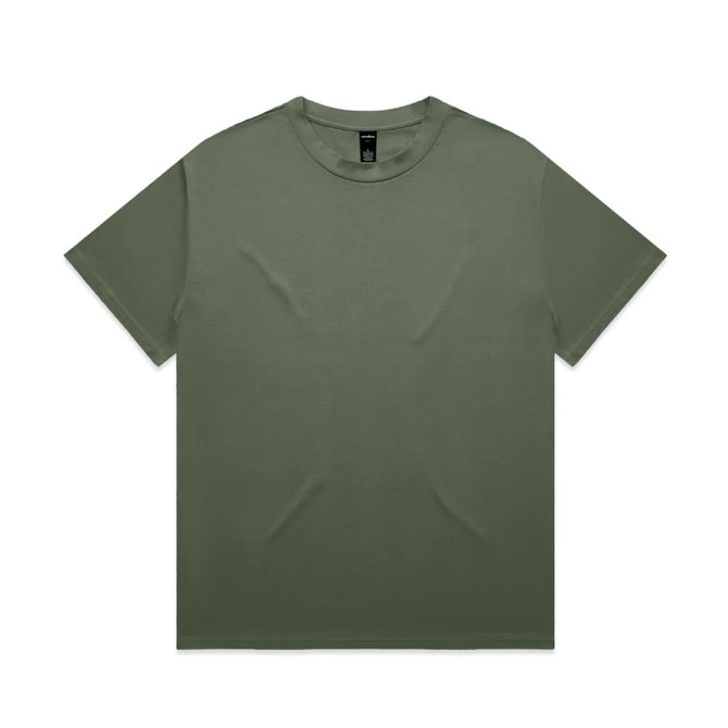 A plain olive green heavy tee with a crew neckline, featuring a brand label in the neck area.