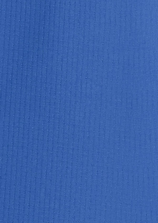 A short sleeve shirt in a solid bright blue colour featuring ribbed texture and a logo.