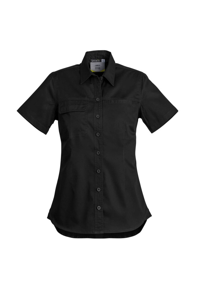 A black lightweight short sleeve shirt featuring a button-up front and chest pocket, with a logo on the label.