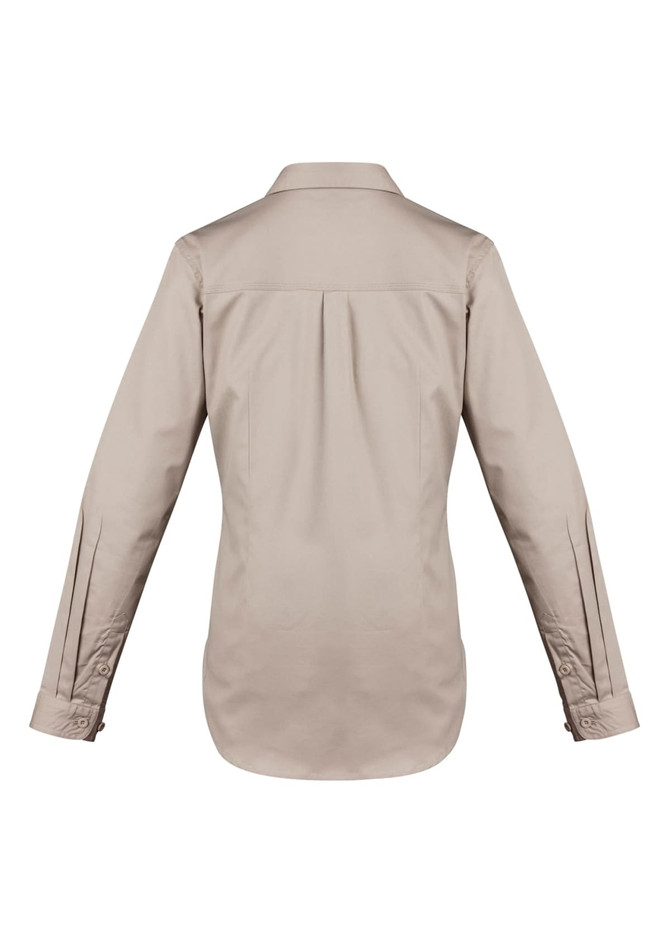 A women's lightweight long sleeve shirt in beige, featuring a back pleat and buttoned sleeves. It has a logo on the collar.